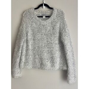 Cotton Emporium Womens White Silver Fuzzy Eyelash Knit Sweater Large Relaxed Fit